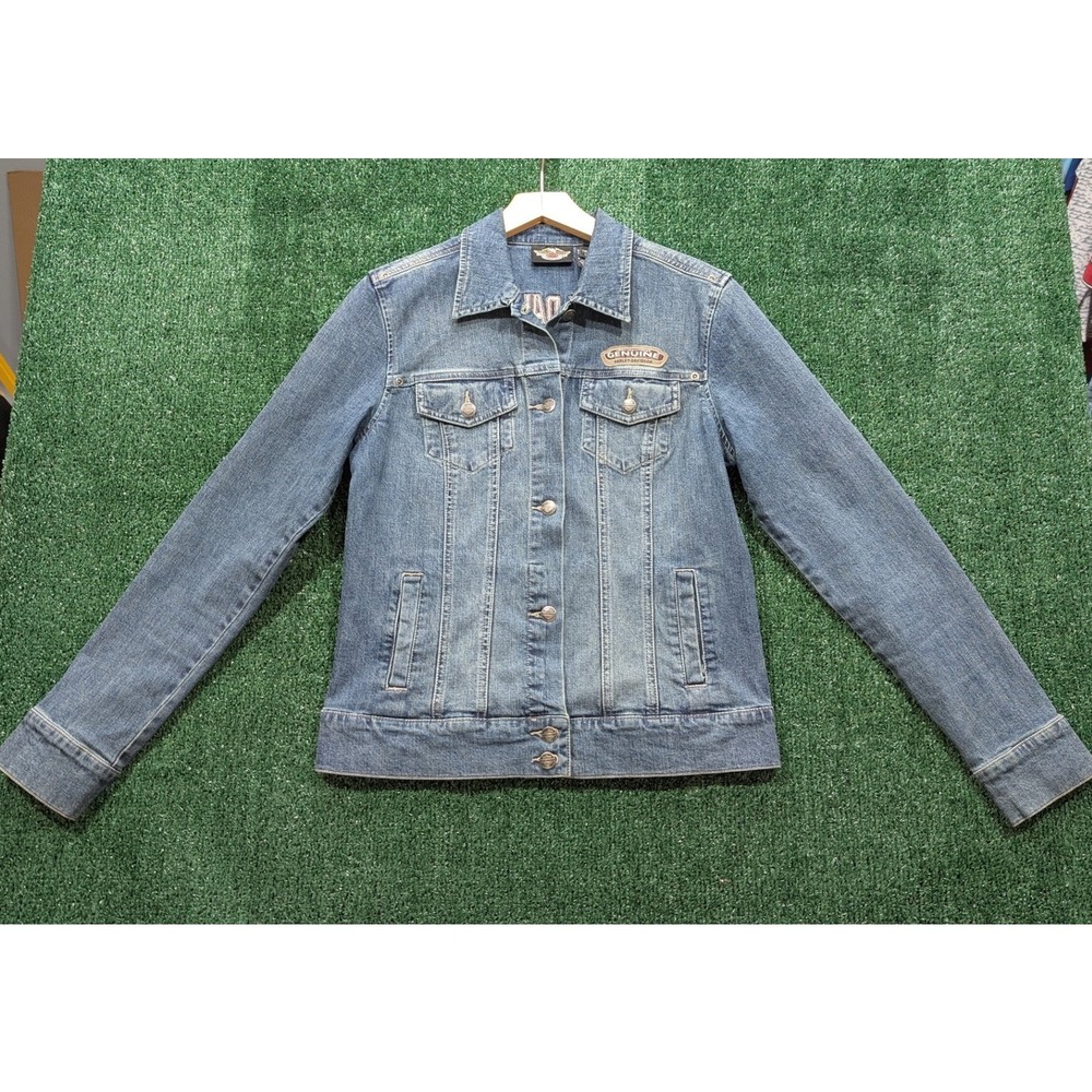 Harley-Davidson Womens Tall Large Blue Denim Jean Trucker Jacket Embroidered